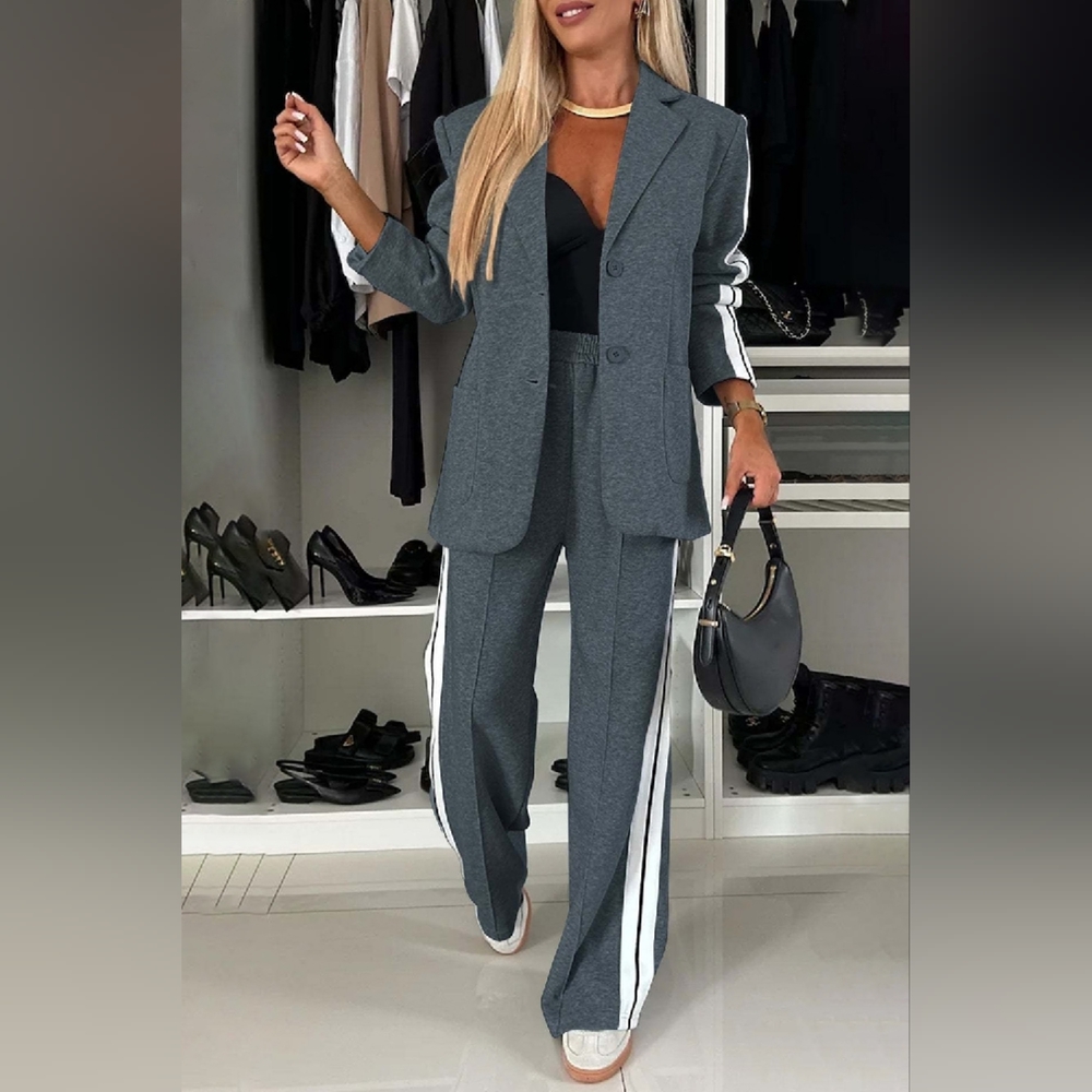 French Blue Full Size Contrast Lapel Collar Top and Pants Set